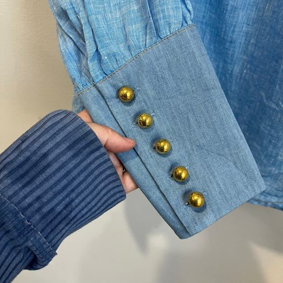 Tuckernuck Mirabella Ruffle Bib Linen Cotton Button Blouse Blue Chic Top M - Picture 8 of 9